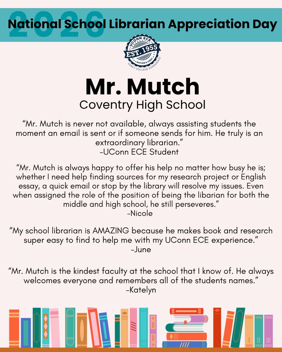 uconnece's tweet photo. This week, UConn ECE is celebrating the incredible School Librarians who support ECE and make a difference in students’ lives every day 
Today we’re recognizing:
Mr. Mutch, Mr. Staton, Mrs. Flood and Mrs. Wellspeak!
Join us in celebrating and thanking these incredible librarians! https://t.co/Gy1rny0eSY
