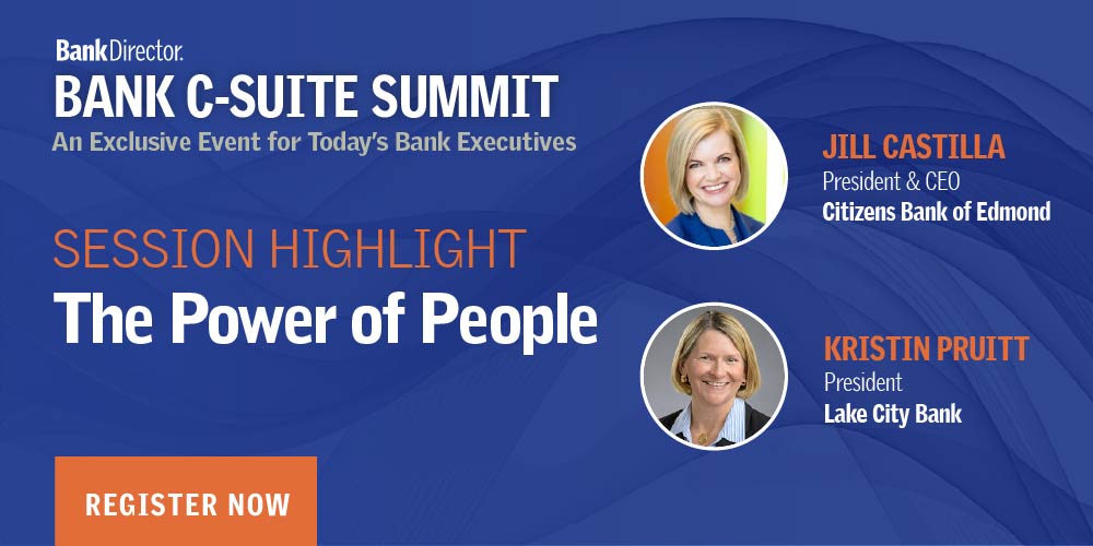 BankDirector's tweet image. Join us at the Bank C-Suite Summit to hear @JillCastilla  &amp;amp; Kristin Pruitt discuss how empowering #leadership fosters a motivated #workforce that drives #innovation.  Register now!
bankdirector.com/event/bank-c-s…
