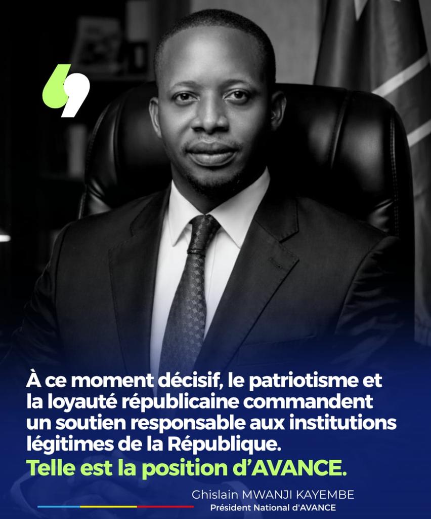 GhislainMwanji's tweet photo. La RDC se trouve à une étape charnière de son émergence, à tous les niveaux.

En ce moment décisif, le patriotisme et la loyauté républicaine commandent un soutien responsable et constant aux institutions de la République.

Telle est la position d’AVANCE.

@Presidence_RDC https://t.co/uyaPGauBCc