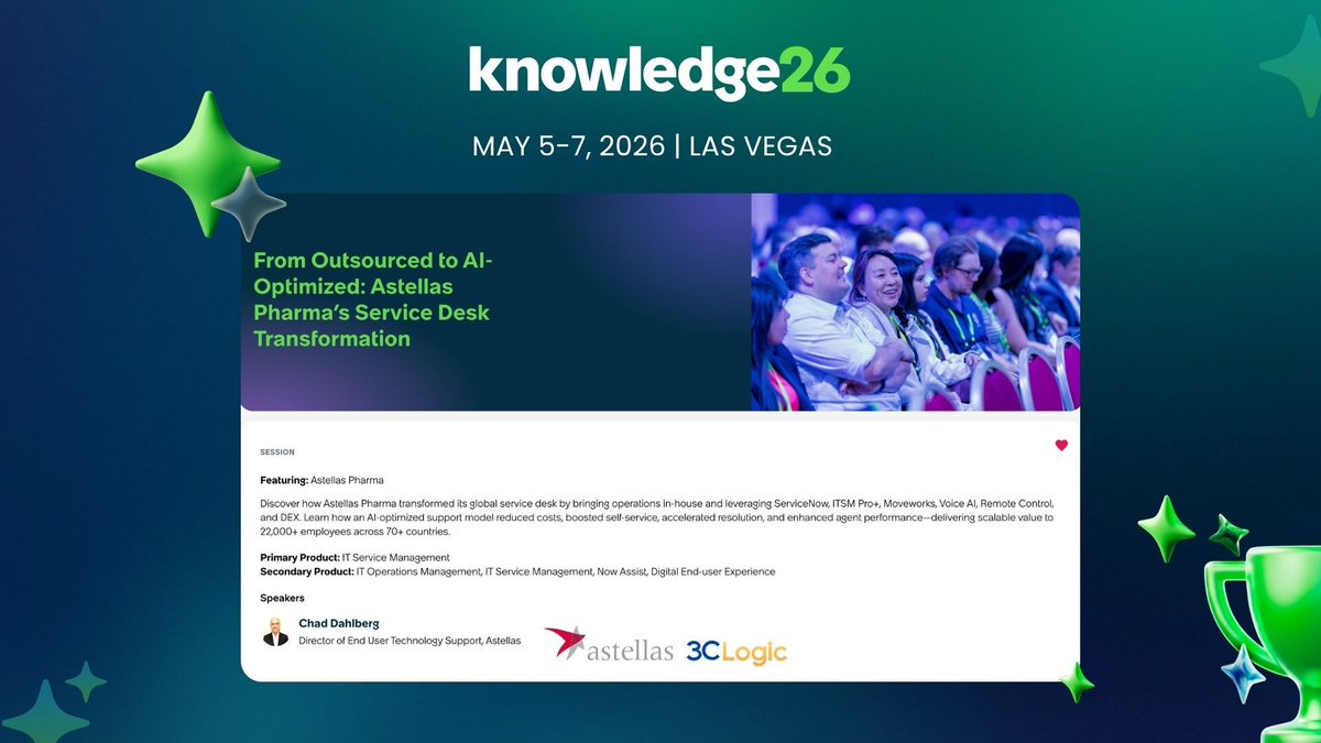 3CLogic's tweet image. Join Astellas Pharma, at ServiceNow Knowledge 2026 for an eye-opening theater session: 

"From Outsourced to AI-Optimized: Astellas Pharma’s Service Desk Transformation"

hubs.ly/Q048WnCD0

#Knowledge26 #ServiceNow #3CLogic #ITSM #ServiceDesk #AI