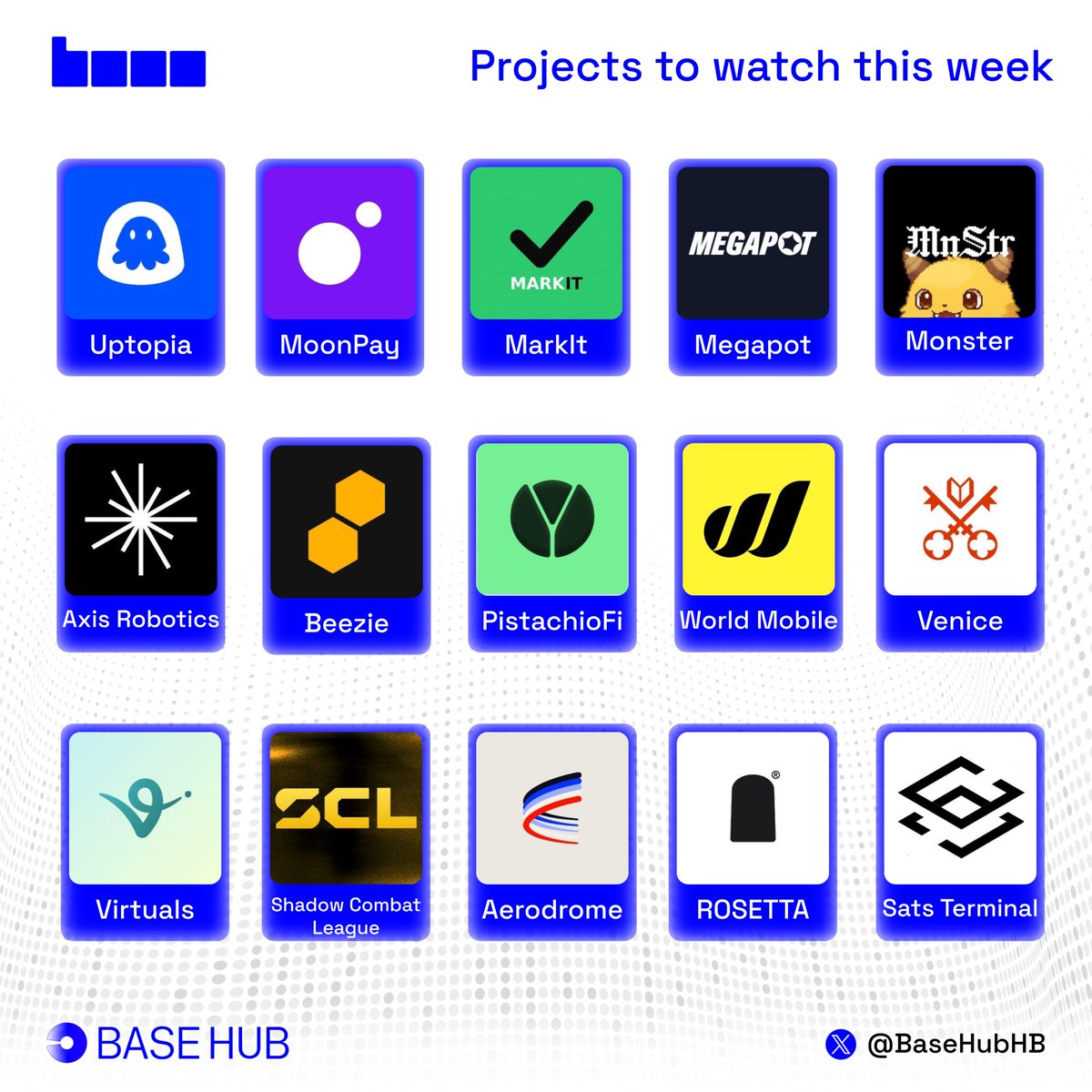 15 PROJECTS TO WATCH THIS WEEK ON BASE

1. @uptopia_xyz - driving targeted consumer and gaming growth through consistent integrations and updates

2. <a href="/moonpay/">MoonPay 🟣</a> - building foundational infrastructure on base with a local first wallet protocol for AI agents

3. <a href="/markit_markets/">MarkIt</a> -
