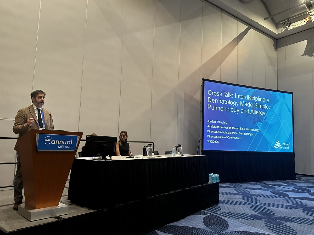 MSHSDerm's tweet image. “CrossTalk: Interdisciplinary Dermatology Made Simple: Pulmonary &amp;amp; Allergy” Dr. Jordan Talia discussed
Multisystem conditions—Hypereosinophllic syndromes, Eosinophilic Granulomatosis w- Polyangiitis, &amp;amp; their therapeutics at #AAD2026 #Denver  #complex
#dermatology @EmmaGuttman