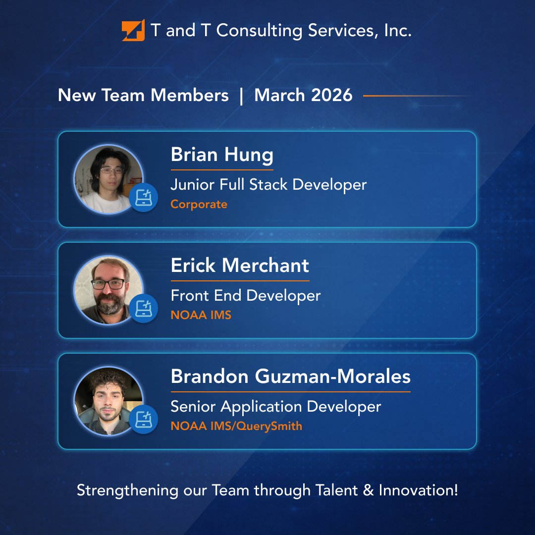 TATCSInc's tweet photo. Welcome to our newest team members at T and T Consulting Services, Inc. 👏

Please join us in welcoming:
Daemian Schreiber, Zachary Leven, Jose Carranza, Brian Hung, Erick Merchant, Brandon Guzman-Morales, Kasey Moore, Alex Yu, and Lyndsey Adams!

#TATCS #NewHires #AI #ArtificialIntelligence #Innovation #GovTech
