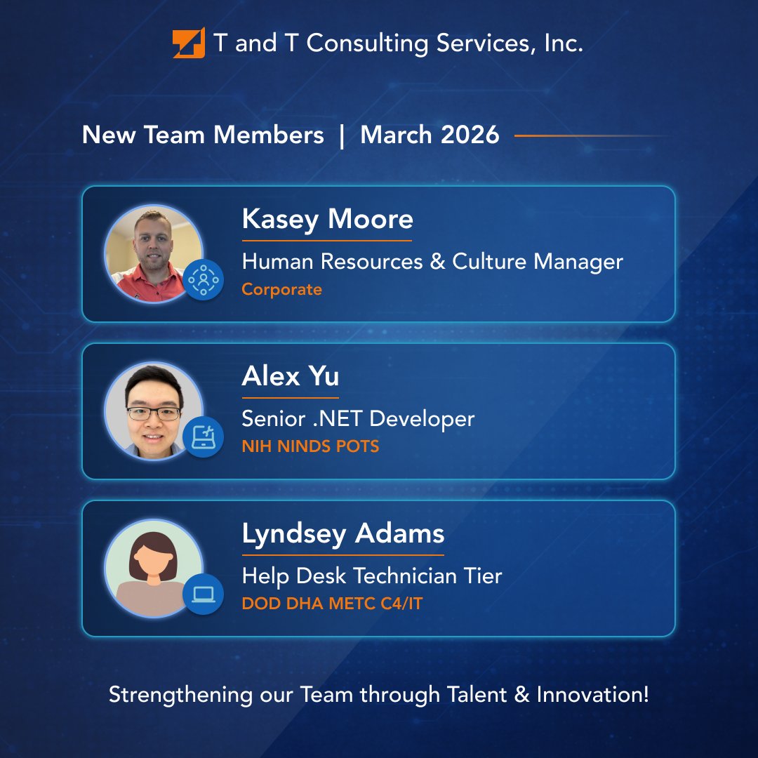 TATCSInc's tweet photo. Welcome to our newest team members at T and T Consulting Services, Inc. 👏

Please join us in welcoming:
Daemian Schreiber, Zachary Leven, Jose Carranza, Brian Hung, Erick Merchant, Brandon Guzman-Morales, Kasey Moore, Alex Yu, and Lyndsey Adams!

#TATCS #NewHires #AI #ArtificialIntelligence #Innovation #GovTech