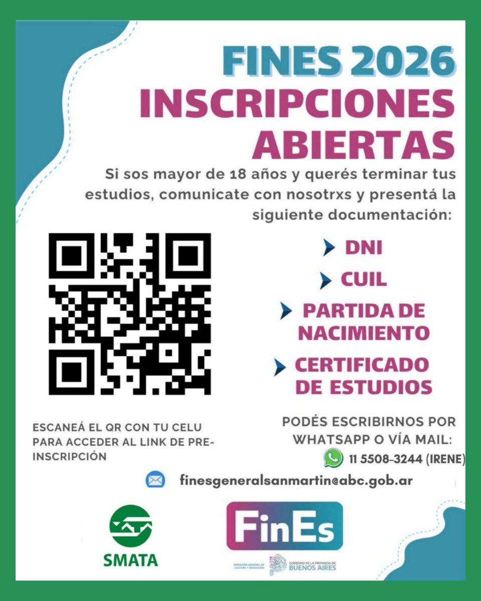 📅 PRE INSCRIPCIONES PARA EL 𝐏𝐋𝐀𝐍 𝐅𝐈𝐍𝐄𝐒 𝟐𝟎𝟐𝟔
Si estás pensando en terminar el secundario, esta es tu oportunidad

📍   𝐃𝐄𝐋𝐄𝐆𝐀𝐂𝐈𝐎́𝐍 𝐒𝐌𝐀𝐓𝐀 𝐒𝐀𝐍 𝐌𝐀𝐑𝐓𝐈́𝐍
📍   Cerrito 2456, San Martín
📲  Consultas por Whatsapp: 11 5508 3244 (sólo mensajes)
📧