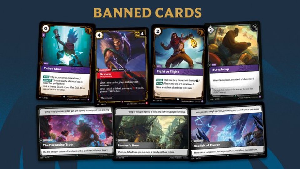 NotSusDM's tweet photo. The Riftbound banned list is here! I’m kind of surprised by the red Draven. Any cards you were surprised about? https://t.co/1nRR4JMFYY