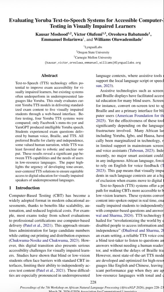 LyngualLabs's tweet image. We are thrilled to announce that our team at LyngualLabs has their latest research accepted at the 7th African NLP Workshop in Rabat, Morocco!
Read the full paper here: aclanthology.org/2026.africanlp…

#LyngualLabs #AfricaNLP #NLP #Yoruba #Accessibility #InclusiveAI #SpeechAI #EACL2026