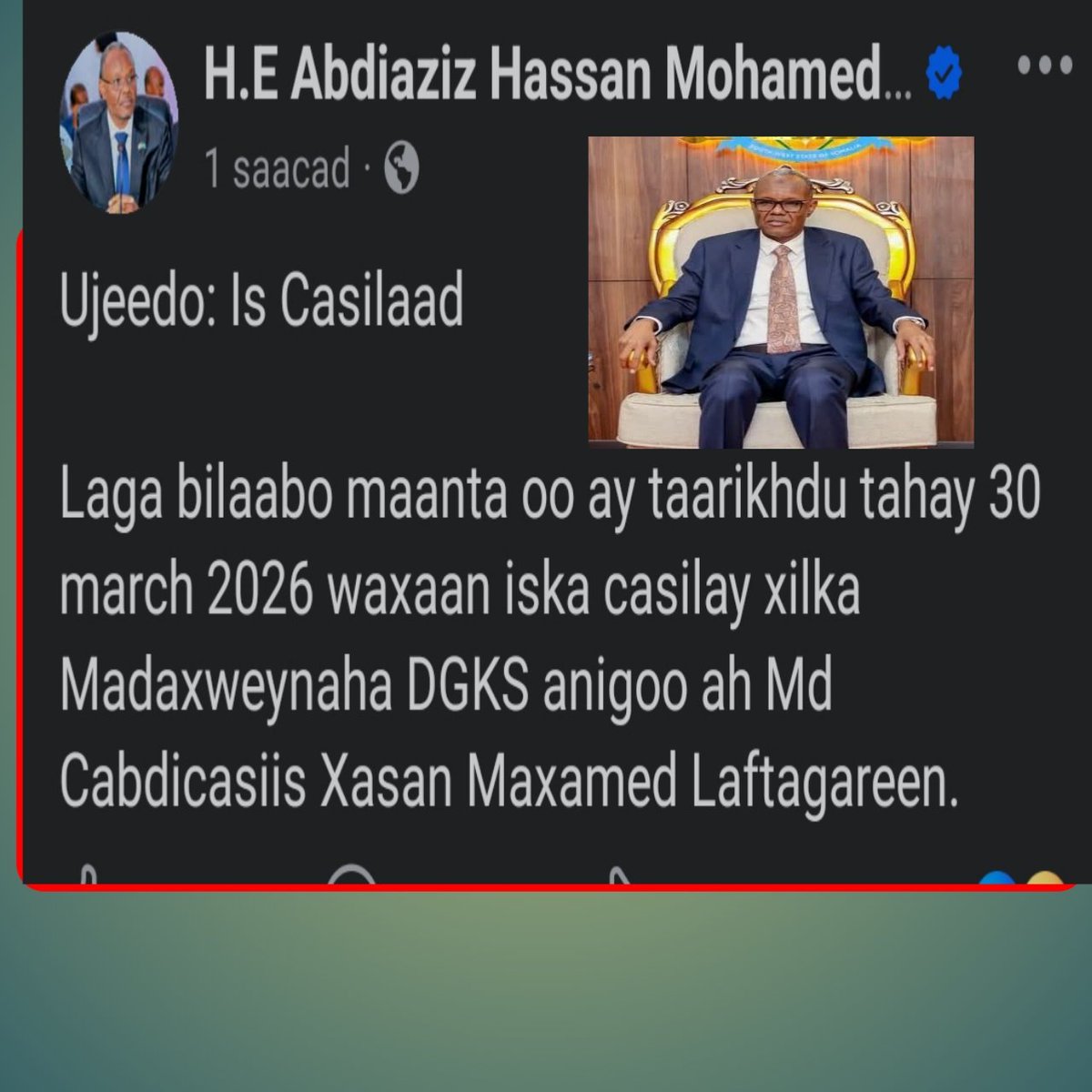 samow100's tweet photo. Madaxweynaha Koonfur Galbeed Lafta Gareen Ayaa Maanta Iscasili https://t.co/5nGYsoz3Qp