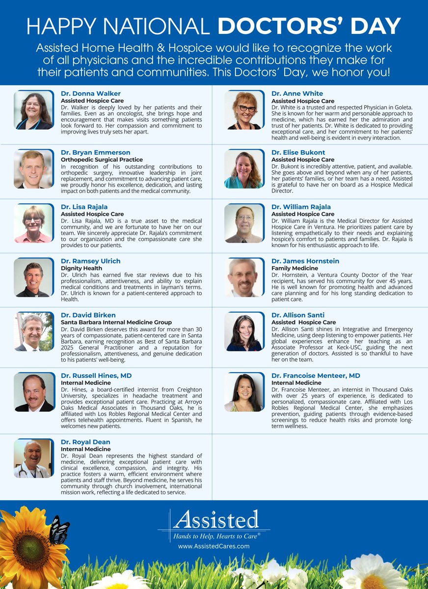 Assisted1's tweet image. Happy Doctors Day! 🩺

Today we celebrate the incredible physicians who dedicate their lives to healing and caring for others. Your compassion and commitment make a lasting impact every day. Thank you for all that you do! 💙🌻#DoctorsDay #AssistedCares #HomeHealth #HospiceCare