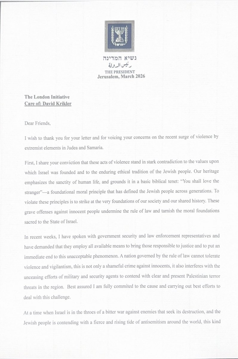 IhabHassane's tweet photo. Israel’s President Isaac Herzog responded to a letter from Diaspora Jewish leaders about Israeli settler terrorism in the West Bank with a letter that is, frankly, disgraceful in its framing.

While he acknowledges “acts of violence,” he avoids naming who committed them—Israeli settlers. Instead, he relies on vague language, stripping the phenomenon of its political and legal reality. Yet in the same letter, he has no hesitation in explicitly naming “Palestinian terror.”

This double standard is telling. When Palestinians commit violence, it is clearly defined and condemned as terrorism. When Israeli settlers carry out repeated attacks on civilians, it is softened into “violence” and wrapped in moral language, without direct accountability.  

A response that cannot even name the problem—Israeli settler terrorism against defenseless Palestinians—is not a serious attempt to confront it.