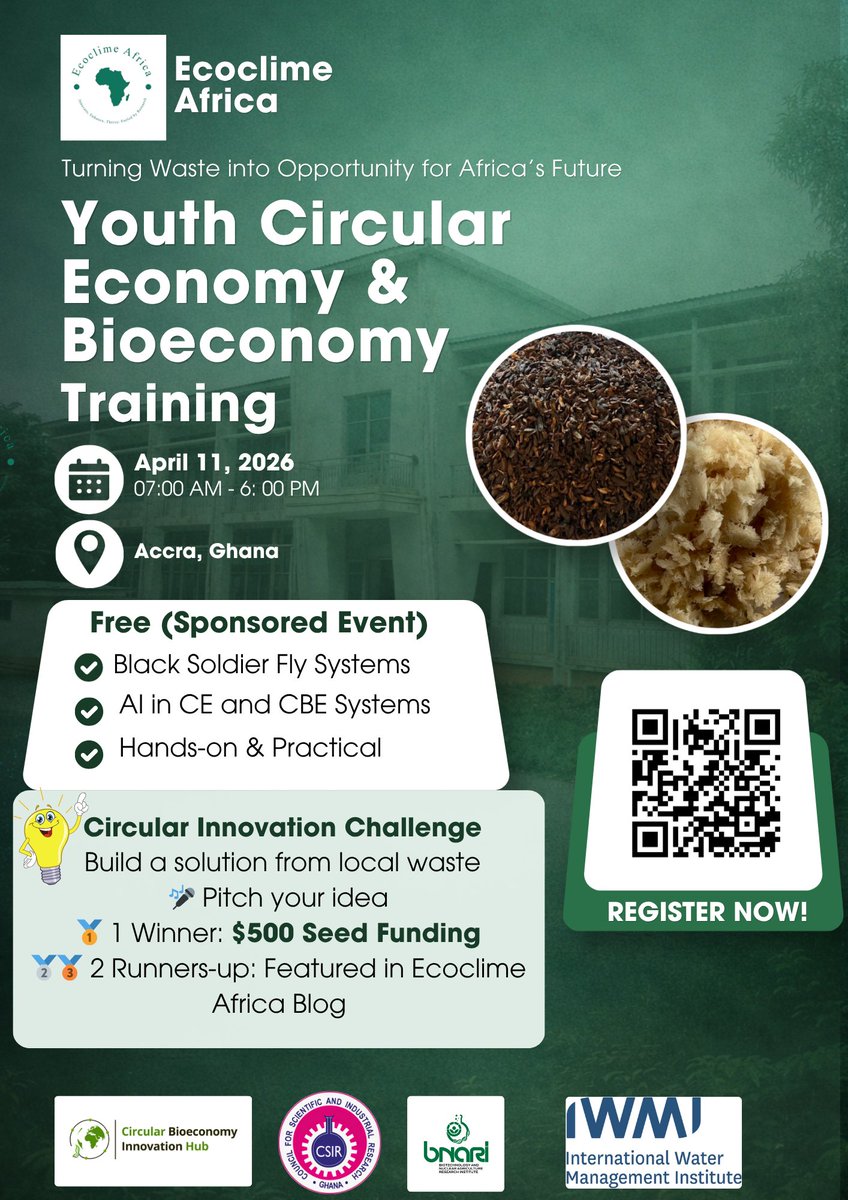 ecoclimeafrica's tweet photo. Excited to announce our Youth Technical Training with @EcoclimeAfrica! 🌍✨
We’re partnering with IWMI, CSIR and BNARI-GAEC for a hands-on deep dive into:
🐛 BSF Systems
🤖 AI in Bioeconomy
💰 $500 Seed Funding Challenge!
📍 Accra | April 11
⚠️ Limited Spots! https://t.co/vxTslz9CsO
