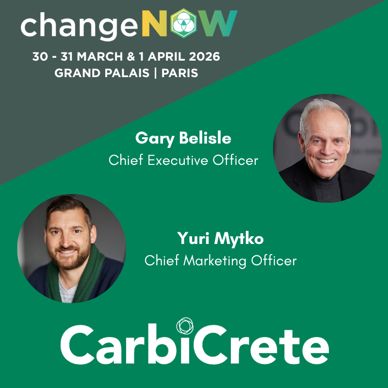 Carbicrete's tweet photo. This week, CarbiCrete's CEO, Gary Belisle, and CMO, Yuri Mytko, will attend ChangeNOW 2026 in #Paris.

We are proud to be collaborating with Point.P, a Saint-Gobain brand, and NOVA by Saint-Gobain to bring our cement-free #concrete #technology to Europe. https://t.co/jhNukbEY5V