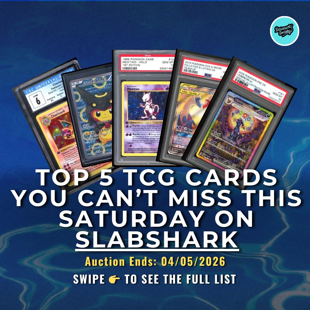 BsmntSoc's tweet image. (1/2)

TOP 5 POKÉMON CARDS HEATING UP THIS SATURDAY! 🔥

Mewtwo, Charizard, Poncho Pikachu… see why collectors are losing it! via @SlabSharks Basement Society clips the action.

#PokemonTCG #Mewtwo #Charizard #PonchoPikachu #BasementSociety