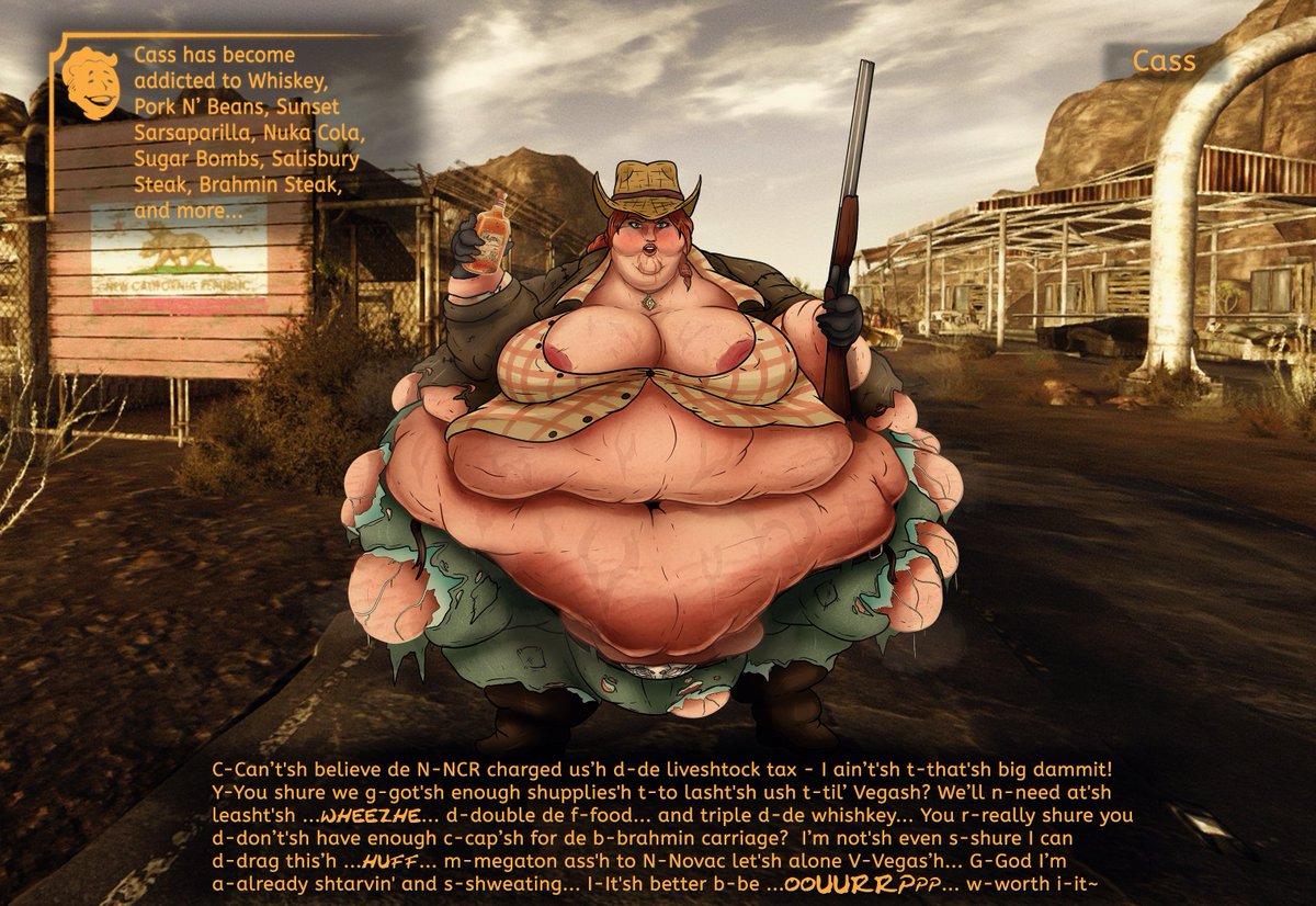 SkeleSoda's tweet photo. Cass really has been indulging on all the goods coming through the Mojave Outpost. At least the Courier has gotten her back out again, if they even make it to Vegas it'd be the best revenge to crush Benny with that caravan sized ass, now that would be a kick in the head~ https://t.co/3Rw4LckC7T