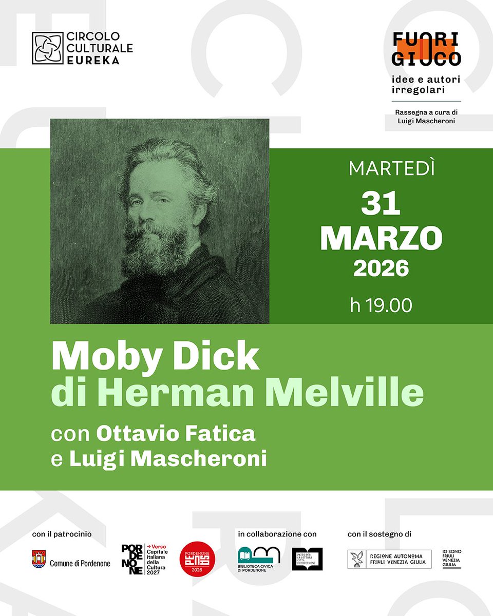 CircoloEureka's tweet photo. #Pordenone Pronti a salpare a caccia della Balena Bianca? Per l'ultimo incontro di Fuorigioco2026 ci caleremo negli abissi dell'oceano e dell'animo umano con #MobyDick di #HermanMelville. Con #OttavioFatica, traduttore dell'opera, e @LuigiMascheroni.
https://t.co/1McAzKJaY2 https://t.co/Y5mXQdiPs0