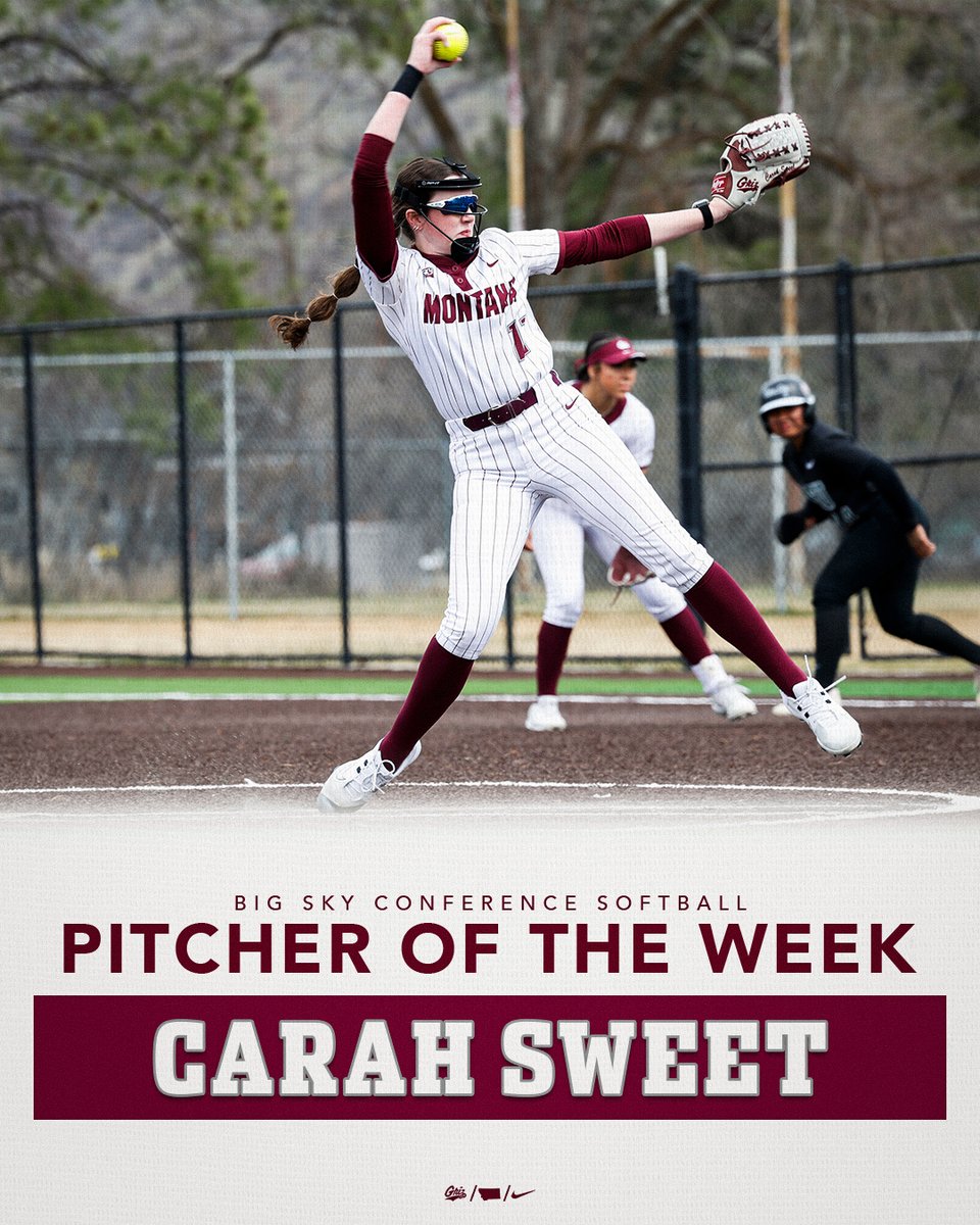 MontanaGrizSB's tweet photo. Carah Sweet went 3-0 with a 0.82 ERA over four appearances and 17.0 innings against Seattle and Portland State.

She becomes Montana’s first Big Sky Conference Pitcher of the Week since 2022.

Story: https://t.co/fW25qghGt2 https://t.co/XutUVsEolE