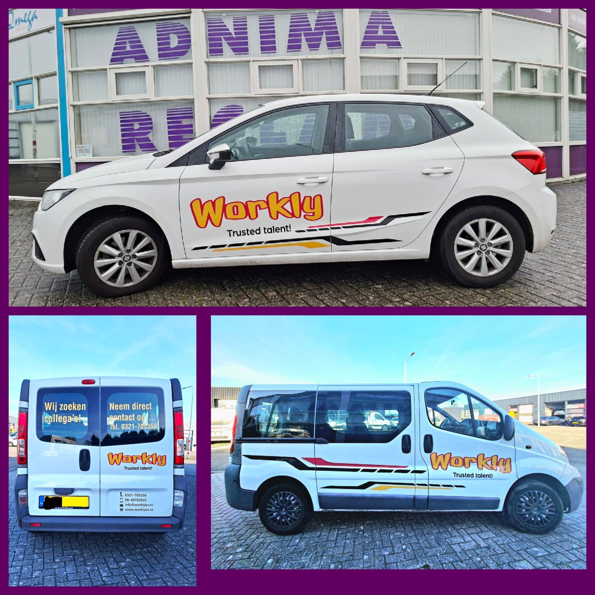 Bedrijfswagens van Workly bv van nieuwe belettering voorzien..