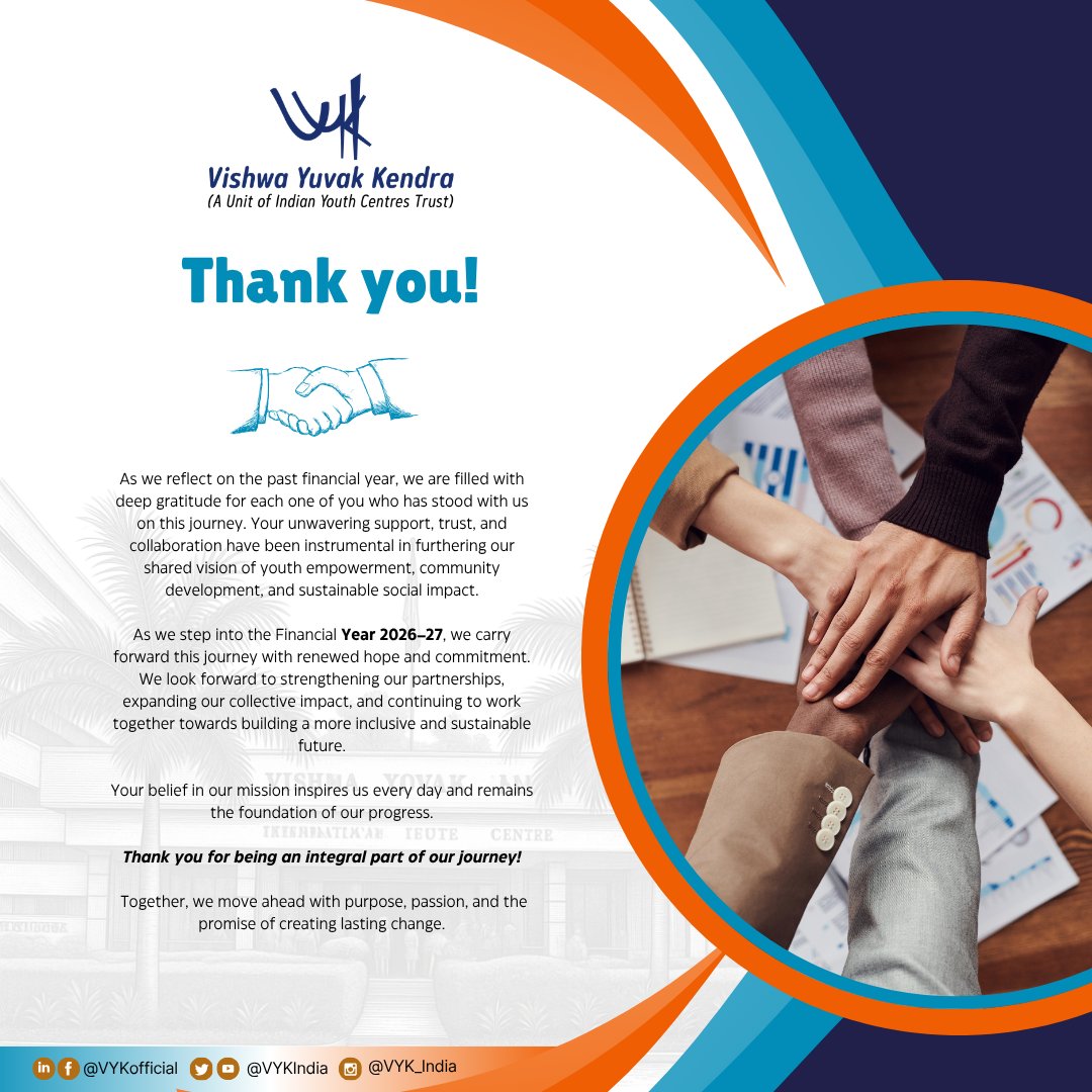 VYKIndia's tweet photo. Dear Development Partners, thank you for your constant support during FY 2025–26. Your partnership has helped empower youth, strengthen civil society, and create meaningful social impact. Looking forward to continuing this journey together in FY 2026–27. 
#ThankYouPartners https://t.co/se1Ncw9HOA