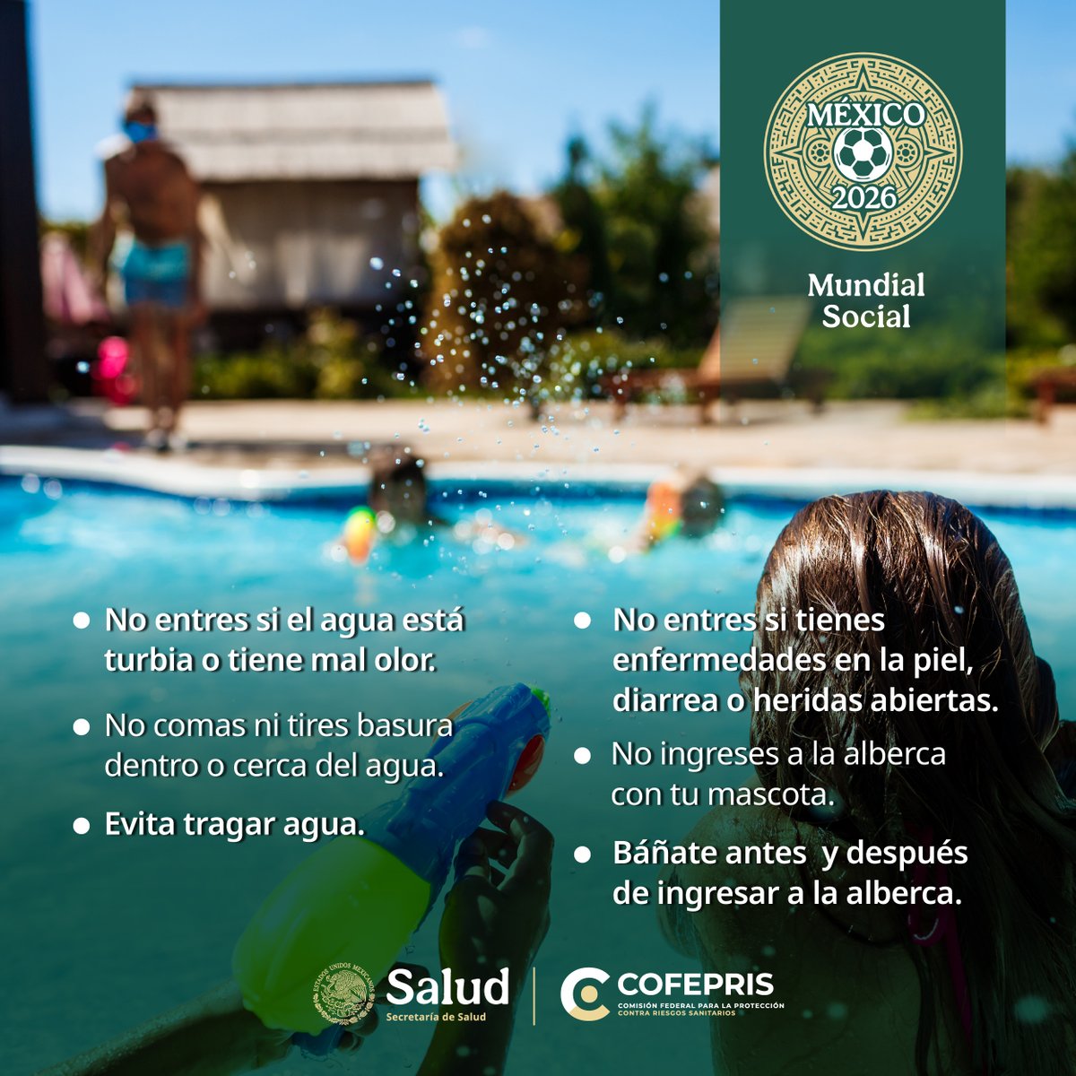 dprisqroo's tweet photo. 🏊‍♂️ ¡Chapuzón seguro! ⚽
De cara al Mundial 2026, cuidemos la salud de todas y todos.

✅ Estas acciones reducen riesgos sanitarios y protegen a quienes comparten el espacio.

Disfruta, cuida y comparte responsablemente.
Un chapuzón seguro también es parte del juego. https://t.co/dISoPCkg3t