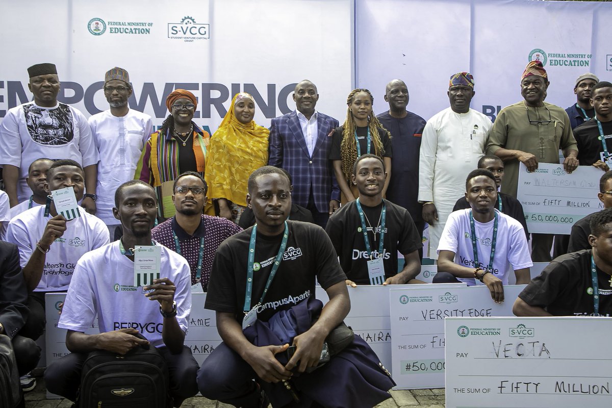 Suwaiba_Said's tweet photo. What a remarkable day at the 2026 Student Venture Capital Grant Finalist Bootcamp closing ceremony at UNDP Office, Ikoyi, Lagos. Standing alongside the Honourable Minister of Education, Dr Maruf Tunji Alausa CON @DrTunjiAlausa, my heart was full seeing these brilliant young Nigerians who completed this bootcamp with creativity, resilience, and the courage to think differently.

The truth is, our students are no longer waiting until graduation before they start contributing to society. They are innovating, building businesses and solving real problems right from within their institutions. The Student Venture Capital Grant is proof that when we invest in young minds, they rise to the occasion. Entrepreneurship is not just an educational initiative, it is a national strategy.

The Federal Government under President Bola Ahmed Tinubu, GCFR through the Renewed Hope Agenda is committed to youth empowerment and this initiative reflects that commitment.