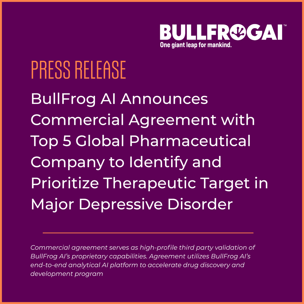 bullfrogai's tweet photo. $BFRG announces a commercial agreement with a top 5 global pharmaceutical company in 2025 by revenue, to apply the Company’s proprietary bfLEAP® platform to identify and prioritize novel drug targets in major depressive disorder. 🔗 https://t.co/WJquGFZ6tW https://t.co/ANYmyg2pNc