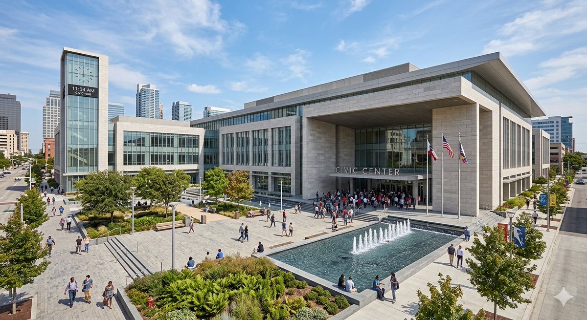 Nanobanana:

Design a contemporary civic center with a grand public plaza, monumental scale, clean modern lines, stone and glass facade, large shaded entrances, integrated landscaping, water features, and a welcoming civic identity, rendered in daylight with high realism and