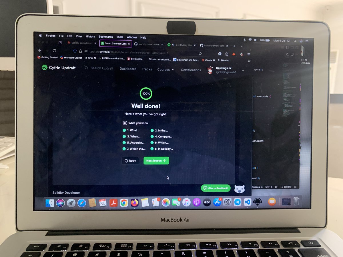 Learnt new Foundry cheatcodes for testing state transitions - vm.warp and vm.roll.

✅ vm.warp sets the block.timestamp;

✅ vm.roll sets the block.number;

✅ Performed multiple tests in the Raffle contract. 

✅ Crushed the quiz of the day with 💯% scores. 👨🏾‍💻
