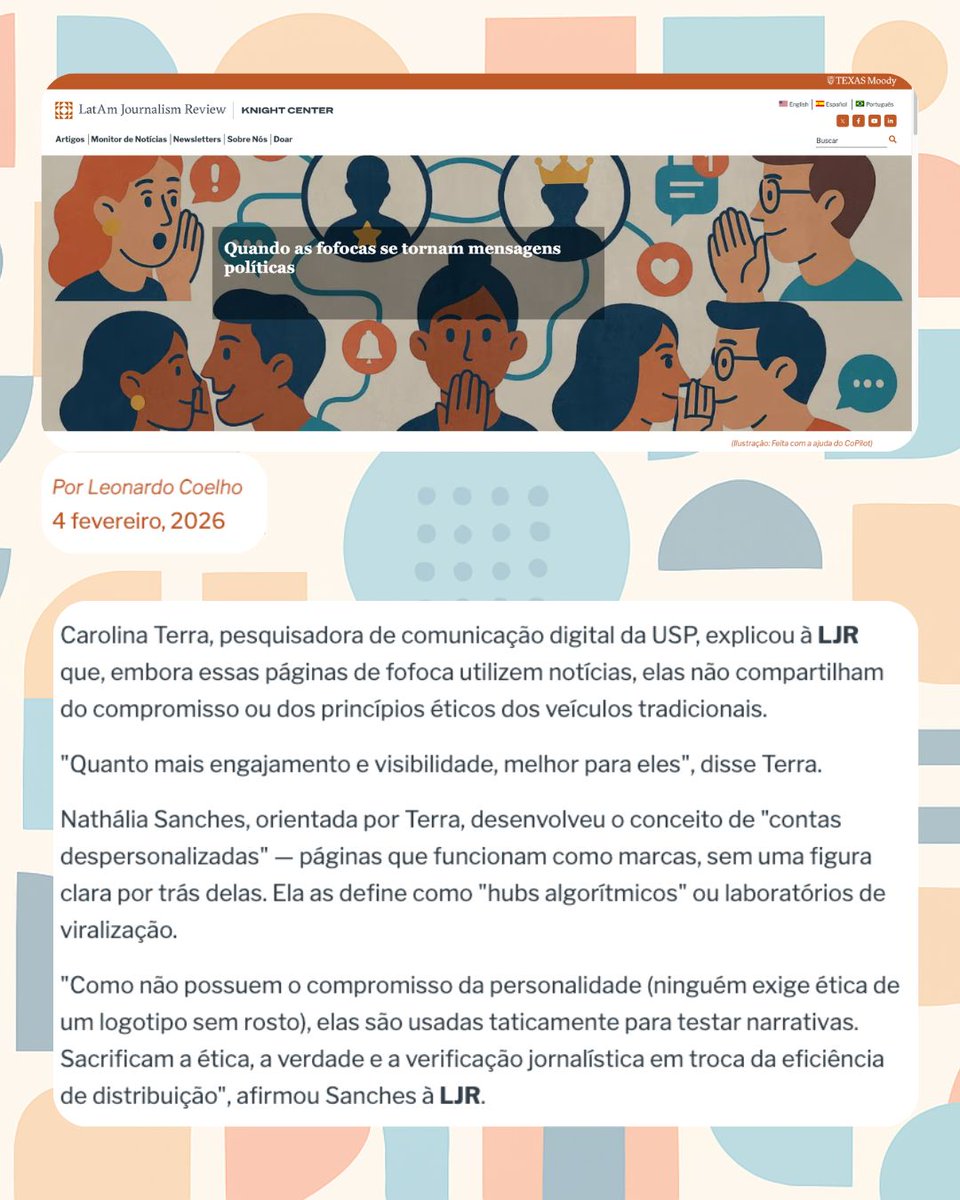 Naty Sanches e eu falamos com o Leonardo Coelho, do LatAm Journalism Review, sobre como os perfis e páginas de fofoca se envolvem em questões políticas e ideológicas sob a forma de memes, polêmicas, fofocas e rumores: latamjournalismreview.org/pt-br/articles…