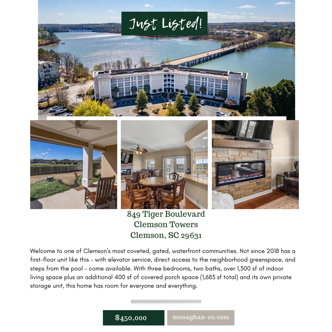 MonaghanCompany's tweet photo. Waterfront condo in Clemson! Contact Kathryn to learn more about this three bedroom, 2 bath Clemson Towers unit. https://t.co/lgc8rrg7Ho