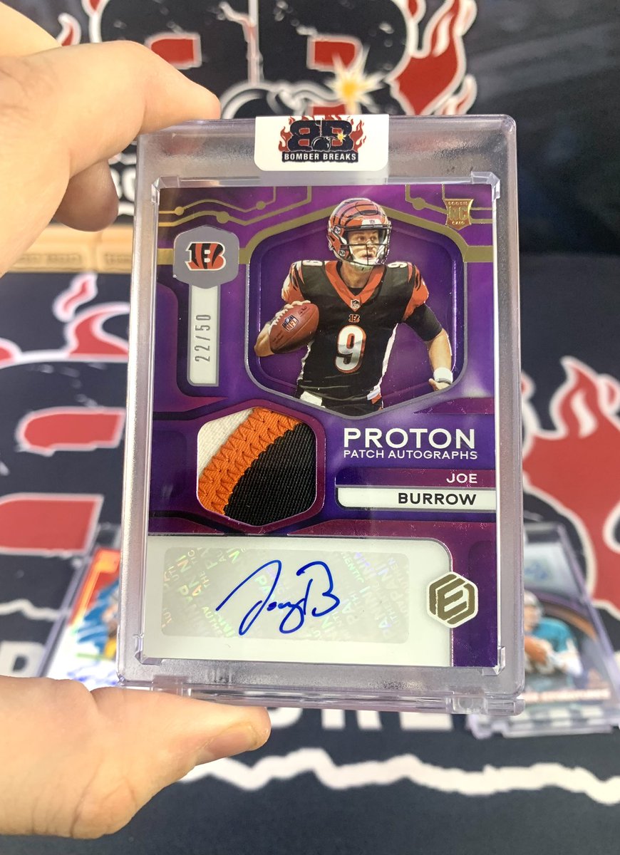 BomberBreaks's tweet image. Elements Proton Rookie Patch Auto /50 of Joe Burrow pulled during out @bomberbreaks Ignition Football breaks! 🔥🔥 @JoeyB @paniniamerica #footballcards #cincinnatibengals #bengals #joeburrow #thehobby
