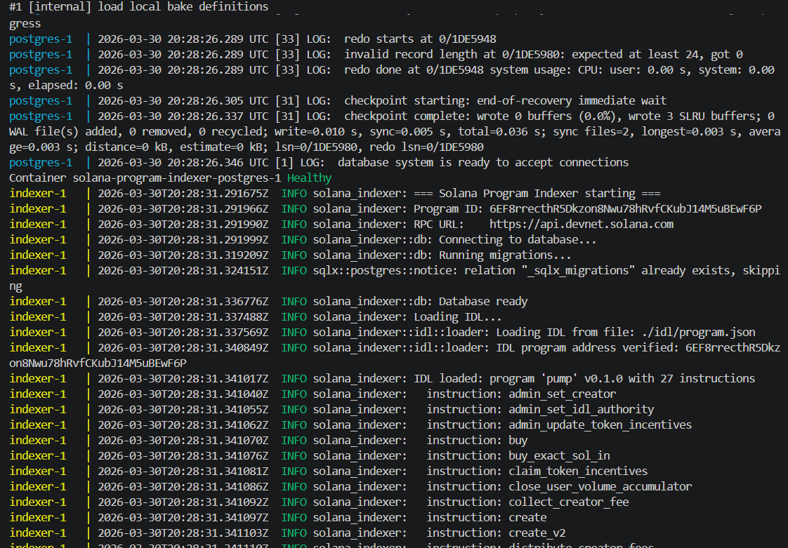 SergZen's tweet photo. Built a Solana program indexer in Rust for the SST bounty.

It indexes on-chain transactions, decodes Anchor instructions via IDL, stores everything in PostgreSQL, and serves it through a REST API — all in one `docker compose up`.

Here's what I learned https://t.co/sLPlYAvOqe