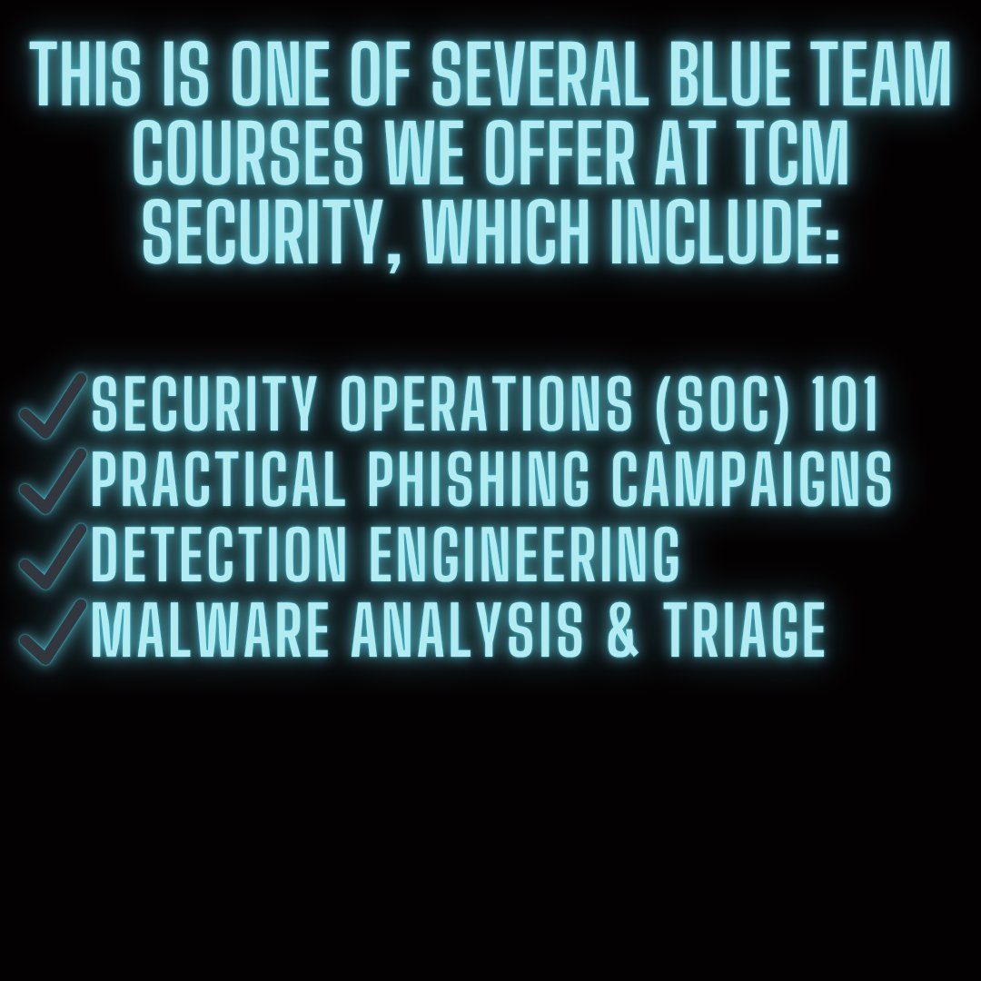 TCMSecurity's tweet image. Our latest #blueteam course, SOC 201, dropped to much anticipation last year - and the reviews from the community have been amazing so far! 

This intermediate-level course focuses on threat hunting and incident response. It also has a corresponding cert: the PSAP (Practical SOC