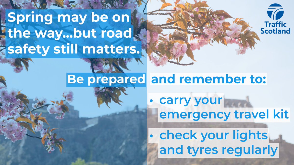 trafficscotland's tweet image. Spring may be on the way, but road safety still matters 🚗🌤️

As temperatures rise, remember to #BePrepared:

✔️ Carry your emergency travel kit
✔️ Check your lights and tyres regularly

Find more simple safety tips here: bit.ly/3FJtvRK