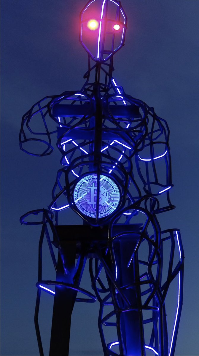 Radiance BTC. 30 Ft.  “At its core, a luminous Bitcoin emblem shines brilliantly, symbolizing the decentralized currency’s role in shaping the future of global financial transactions. The luminous centerpiece serves as a beacon of an ever-changing financial landscape.