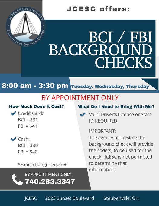 JCESC_VLA's tweet image. ⁉️Did you know⁉️

JCESC offers BCI/FBI Background Checks!✅

By appointment only...call to schedule! ☎☎️
740.283.3347

#jcesc #BackgroundChecks
