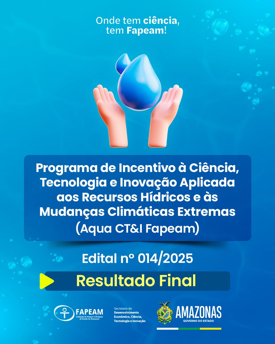 A Fapeam divulgou, nesta segunda (30/3) o resultado final das propostas submetidas ao Programa de Incentivo à Ciência, Tecnologia e Inovação Aplicada aos Recursos Hídricos e às Mudanças Climáticas Extremas – Aqua CT&amp;I/Fapeam, edital n° 014/2025, aprovado pelo Conselho Diretor.