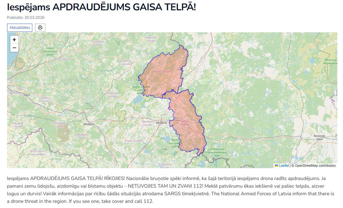 ltvpanorama's tweet photo. 🔴 Ludzas un Balvu novada iedzīvotāji saņēmuši šūnapraides paziņojumu par iespējamu apdraudējumu gaisa telpā. 

"Šajā teritorijā iespējams drona radīts apdraudējums," paziņojumā informē NBS. https://t.co/c3u0828HjY