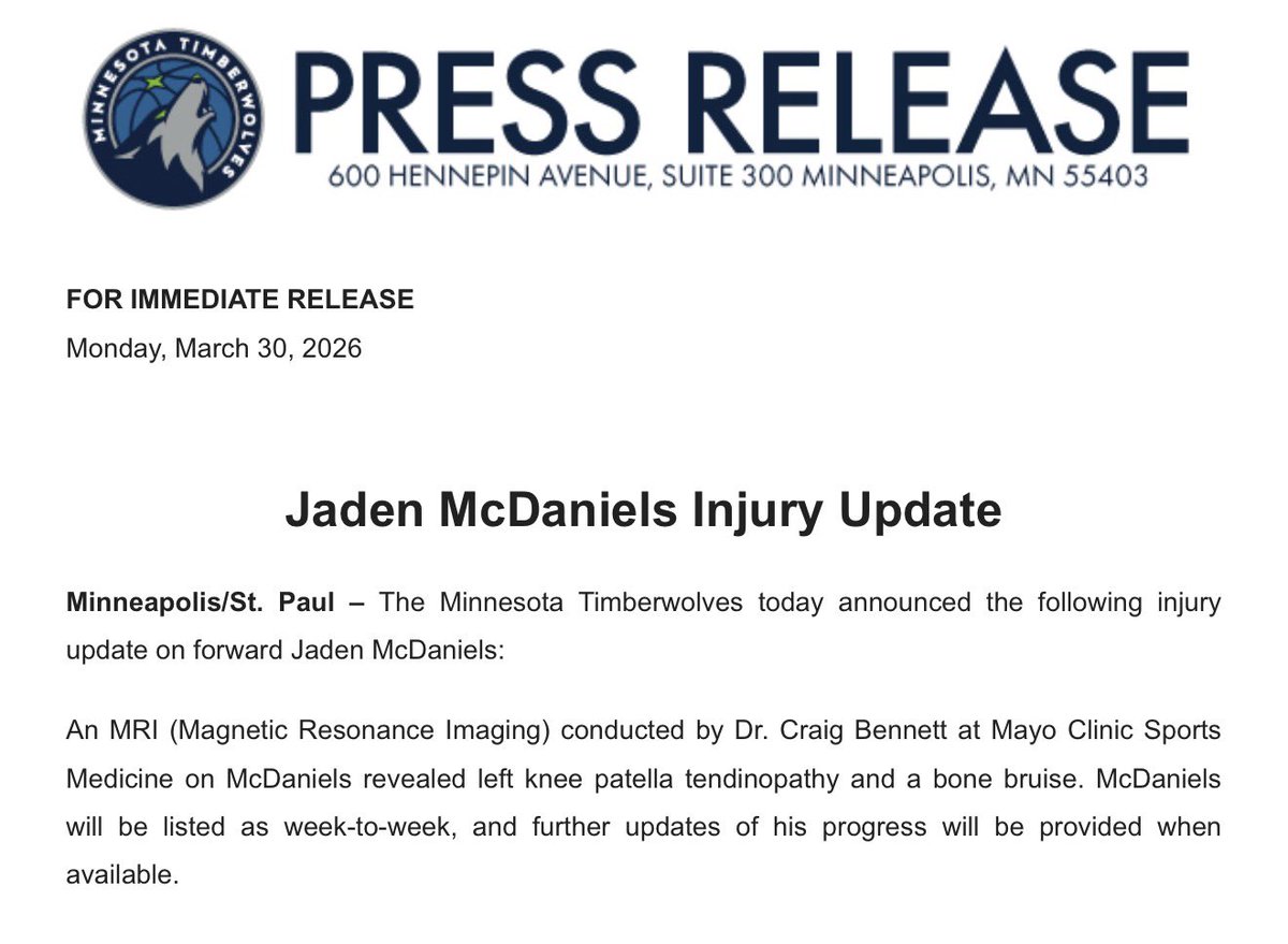 WillHallKARE11's tweet image. #Wolves announce guard Jaden McDaniels will be “week-to-week” moving forward as he deals with left knee patella tendinopathy and a bone bruise.

Just eight games left in the regular season before the playoffs begin.