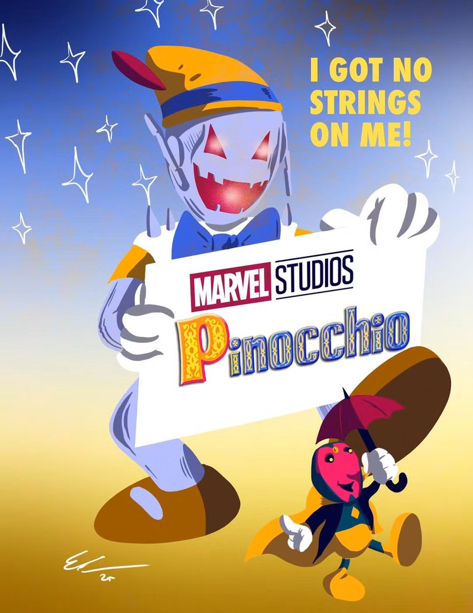 It's comic characters as fairy tales at "The line is drawn", starting with Ultron as Pinocchio and Vision as Jiminy Cricket. 
cbr.com/comic-book-cha…

Artist: instagram.com/meeleeart/
<a href="/csbg/">ComicsShouldBeGood</a> #marvel #avengers #ultron #vision #pinocchio #parody