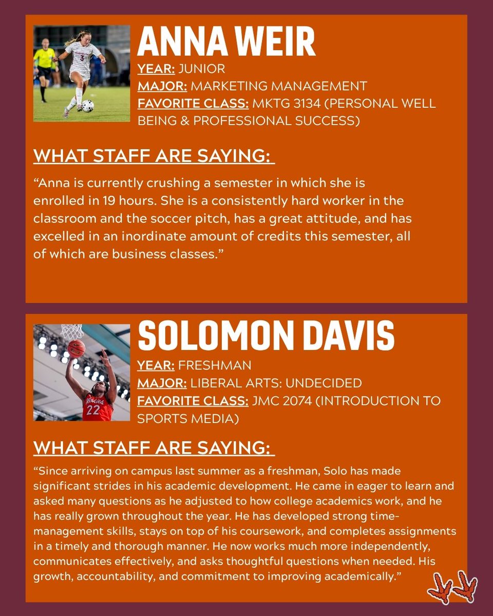 VT_SAASS's tweet photo. ‼️SAASS Spotlight — We are so excited to highlight our March Student - Athletes of the Month! Shoutout to Anna Weir and Solomon Davis for crushing it in the classroom so far this semester! SAASS appreciates your hard work and dedication📝👏 #GoHokies https://t.co/vg7xiww1Tc