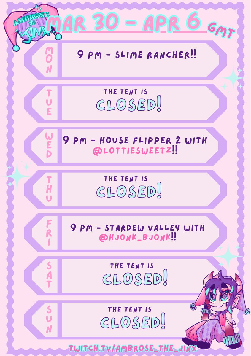 AmbroseTheJinx's tweet photo. This week's schedule!!! https://t.co/AnHcwFSloq