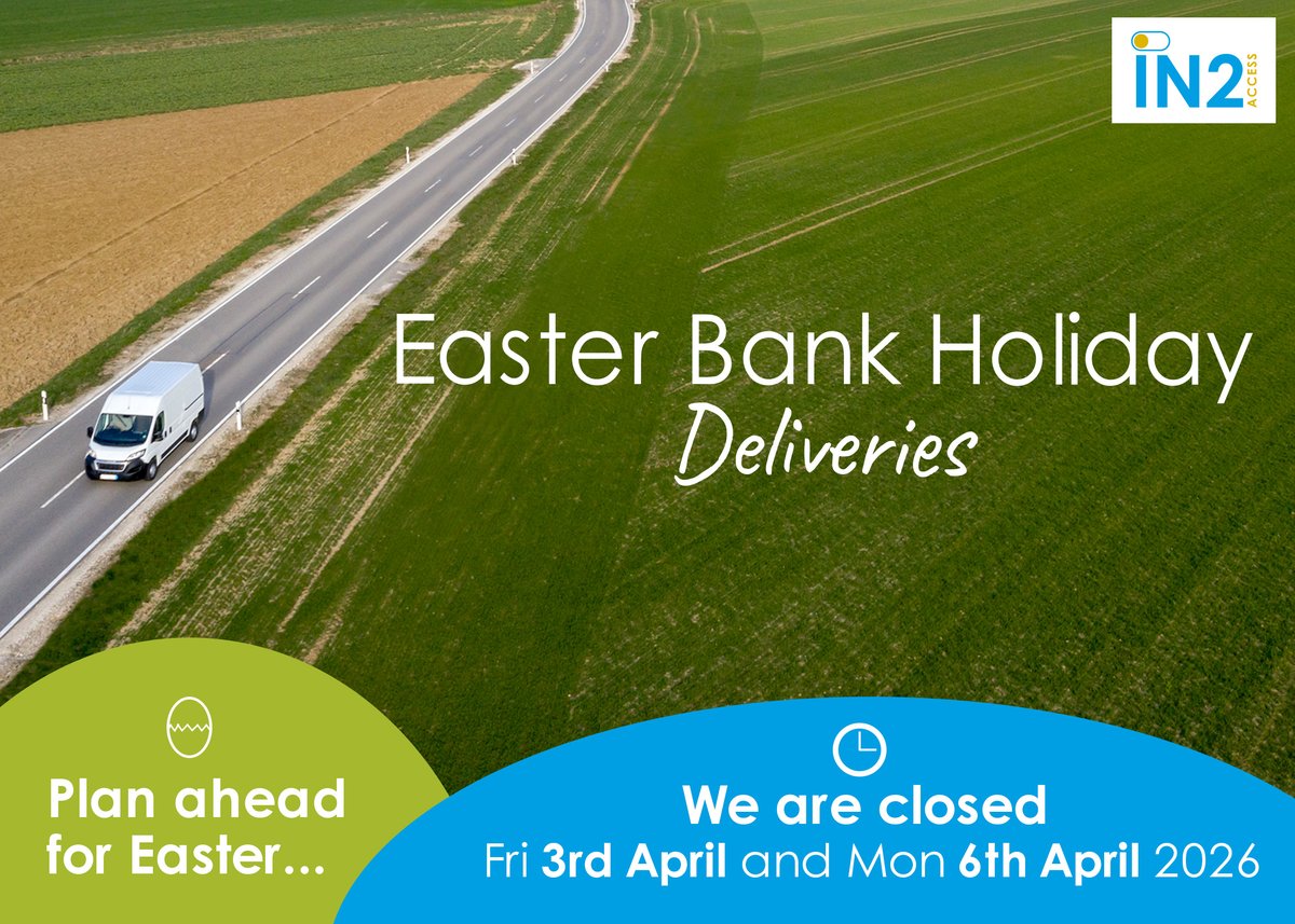 IN2Access's tweet photo. 📅 2026 Easter Bank Holiday Update  

IN2 Access will be closed on Friday 3 April (Good Friday) and Monday 6 April (Easter Monday).  

We'll be back to normal hours from Tuesday 7 April.  

Need delivery info? 
Head here https://t.co/1eeFLTgUQH 

Happy Easter! #bankholiday 🐇 https://t.co/pZgy4Jyd4p