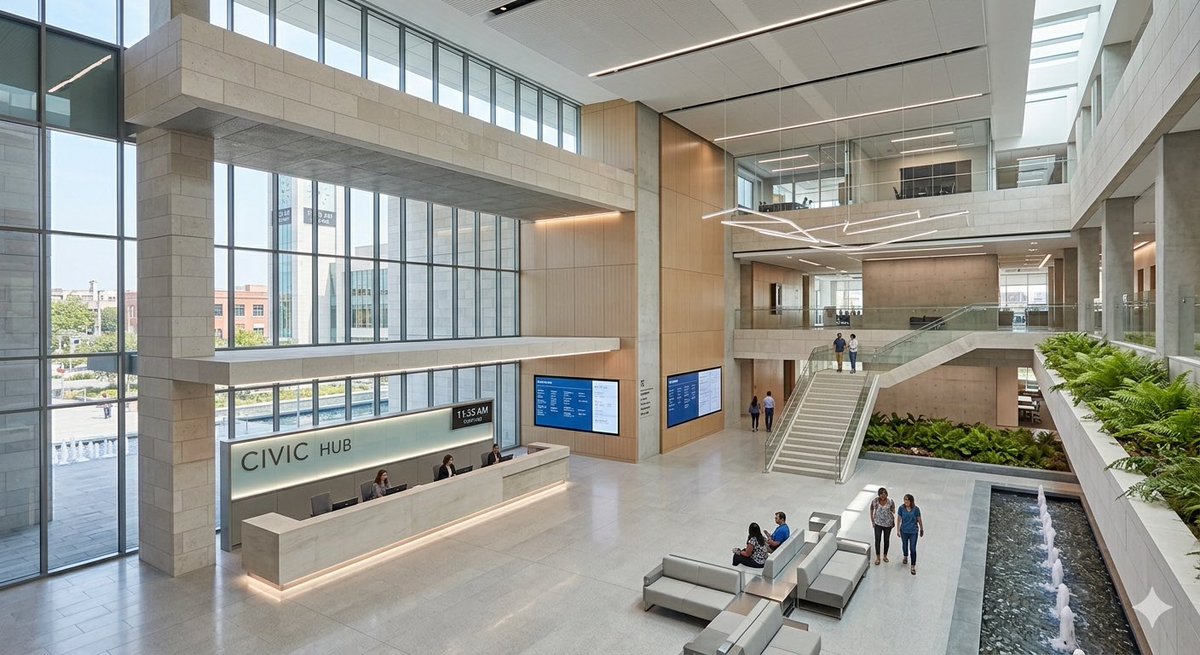 Related to the previous post👇🏻

Give me the reception interior related to the architectural language of this building. 

#AI #renders #interior