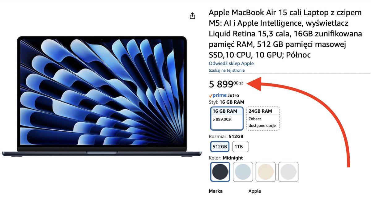 CO?!😲

Najnowszy MacBook Air 15" z M5 tańszy o 600 zł!💥

6499 zł -> 5899 zł 🔥

Jeszcze niedawno MBA z M4 i 256 GB kosztował więcej (5999 zł)!

Teraz mamy M5, 16 GB RAM i 512 GB SSD za 5899 zł!🤯

Uwaga: w tym momencie dostępnych jest jeszcze 5 sztuk

👉 amzn.to/3NNStGC