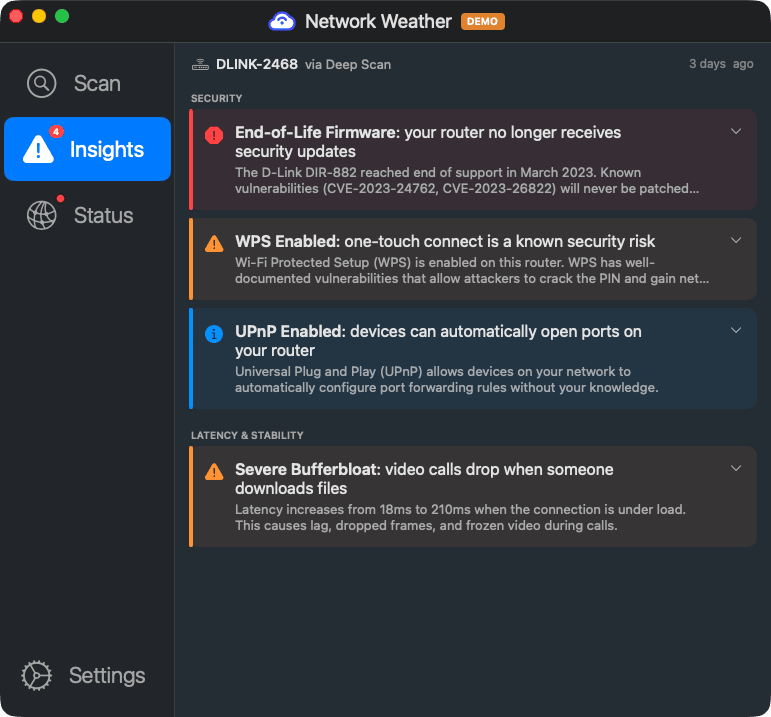 dweekly's tweet photo. I've been tackling the problem of making home Wi-Fi great and would love your help! (Download link in thread)

Network Weather is a free macOS/Windows app that scans your home network for security and performance issues glitching your video calls. Integrations for UniFi, TP-Link, MikroTik, Netgear, Linksys, Asus, and more.