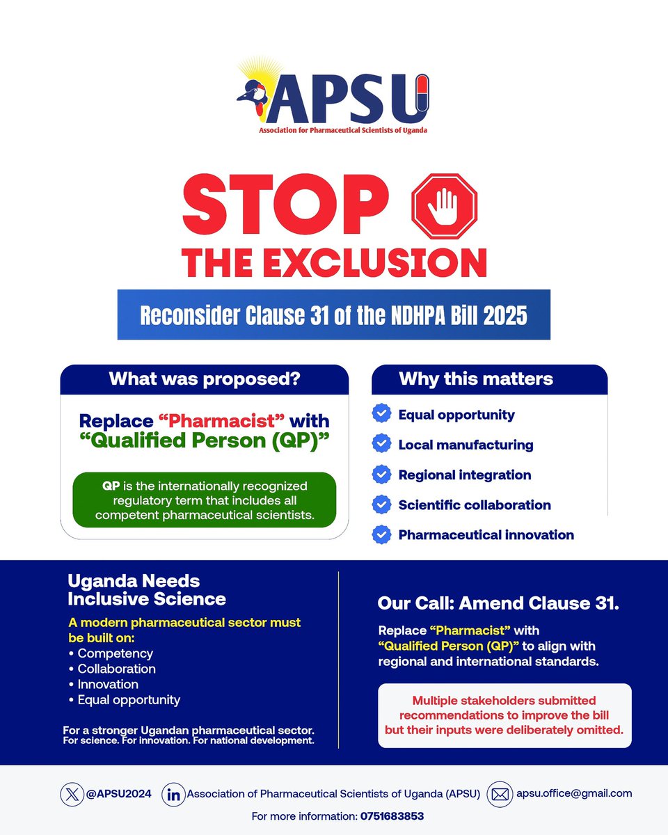 #Clause 31 of the NDHPA Bill, 2025 must not hold back Uganda’s pharmaceutical future ‼️‼️
Replace “Pharmacist” with “Qualified Person (QP)” —  for Science, for Industry, for National Development.
Stop the exclusion. 
#AmendClause31.