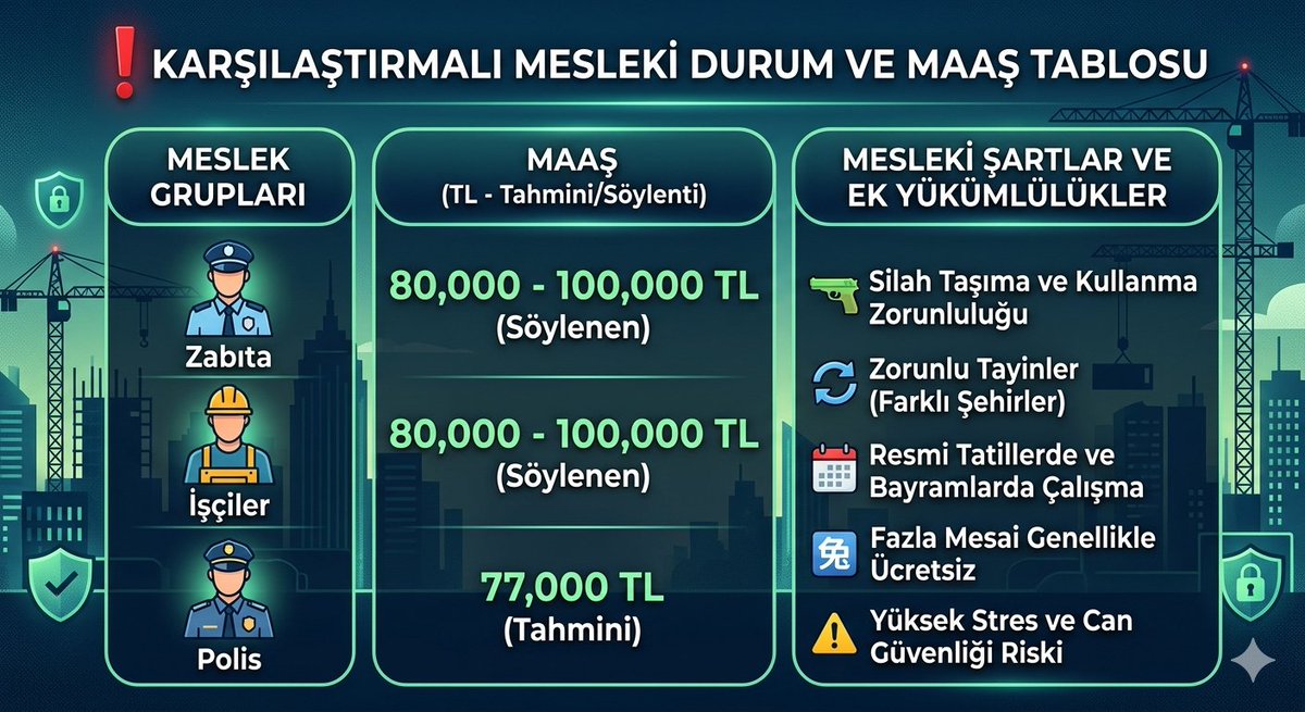PolisTelsizii's tweet photo. ❗Zabıtalar, İşçiler 80-100 Bin TL maaş alacak

Polisler ise 77 bin TL alacak

Polisin hem silahı var.
Zorunlu tayinleri var.
Resmi tatil günleri ve dini bayramlarda çalışıyor.

Hem de BEDAVA.

#PoliseVaatDeğilİcraat https://t.co/iwOlmwVrrn