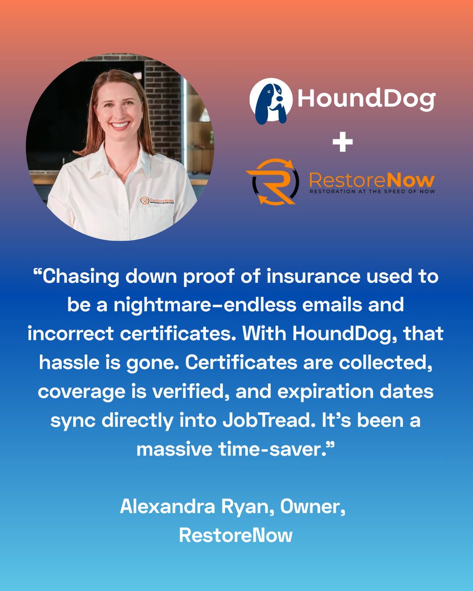 RestoreNow streamlined their compliance process with HoundDog, no more chasing certificates, no more guesswork. COIs are collected, coverage is verified, and expirations sync directly into JobTread.

Real results. Real time saved. 🐾

#ClientSpotlight #HoundDogTracksIt