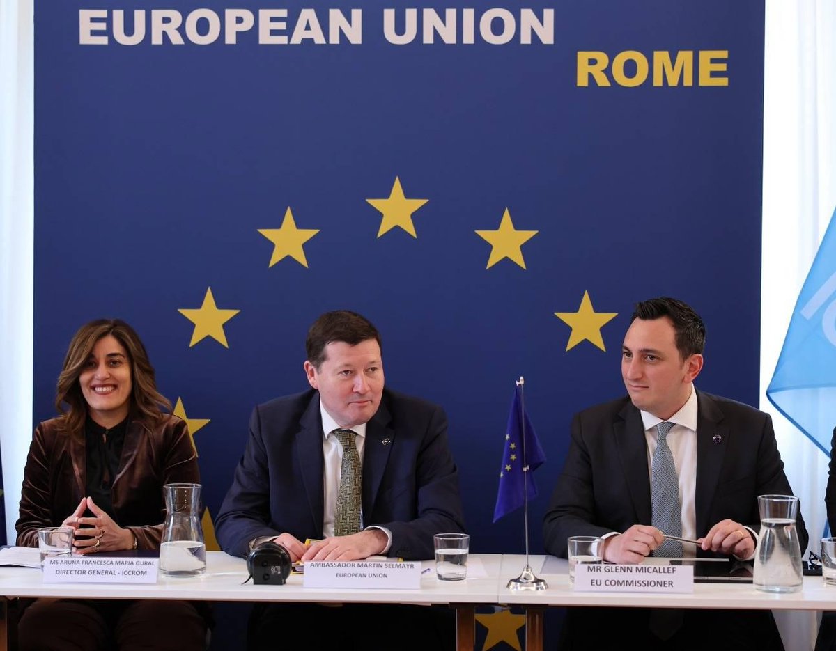 ICCROM's tweet photo. European Commissioner for Intergenerational Fairness, Youth, Culture and Sport, @GlennMicallef announced a top-up to ICCROM’s ongoing #READYproject, bringing the total EU contribution to €1,750,000.
This will strengthen efforts to safeguard cultural heritage from disasters, extreme weather and complex emergencies — including recovery in #Ukraine.