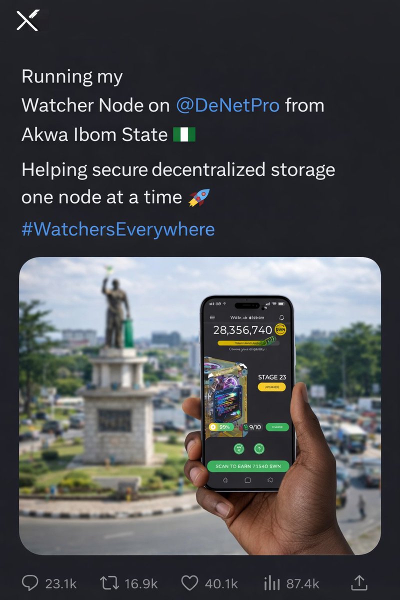 Running my Watcher Node on 
<a href="/DeNetPro/">DeNet</a>
 from Akwa Ibom State 🇳🇬
Helping secure decentralized storage one node at a time 
#WatchersEverywhere